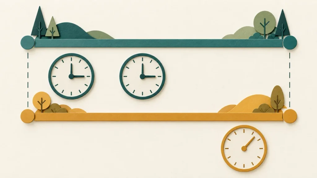 Two equal distance strips pair with different numbers of clock faces, illustrating different travel times.