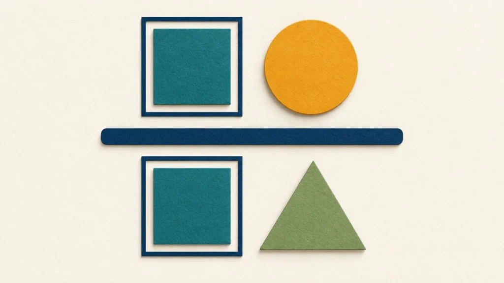 Matching teal square factors appear above and below a fraction bar beside different remaining factor shapes.