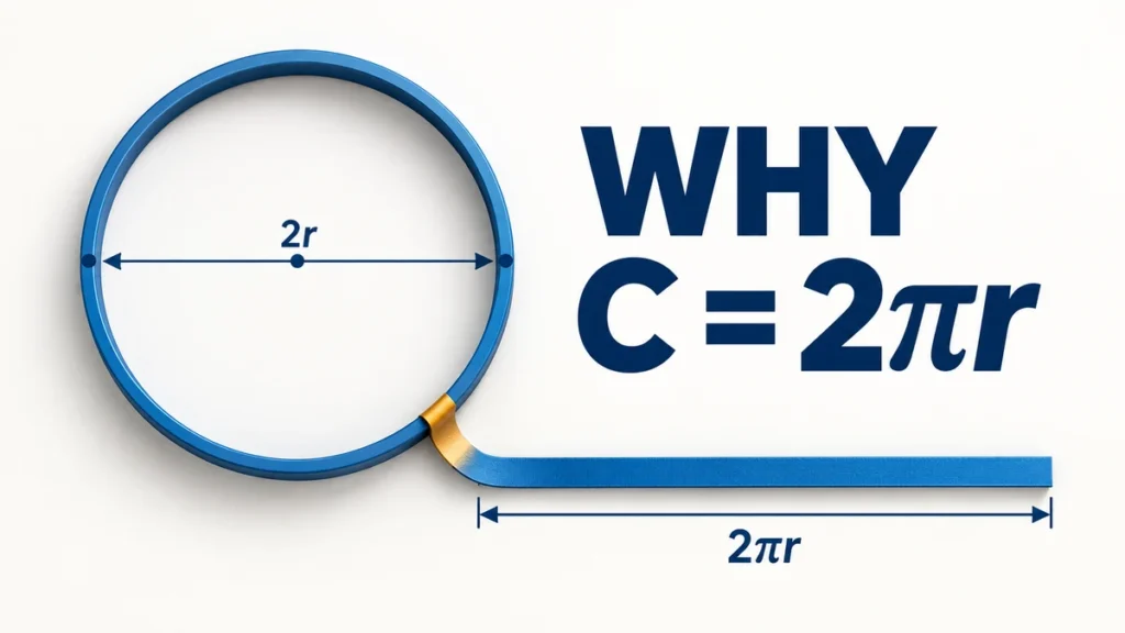 The headline WHY C = 2πr appears beside a precise blue circle with its radius, diameter, and circumference visually connected.