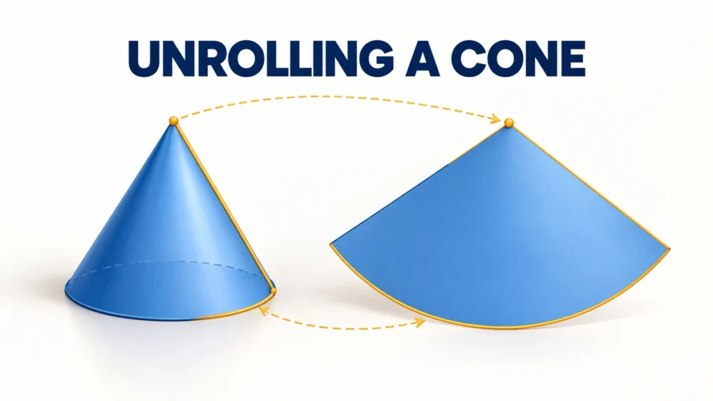 The headline UNROLLING A CONE appears beside a blue cone opening into a matching circular sector with a clear mathematical relationship.