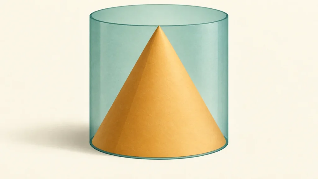 A cone and a matching cylinder have equal circular base radii and perpendicular heights, showing their one-to-three volume relationship.