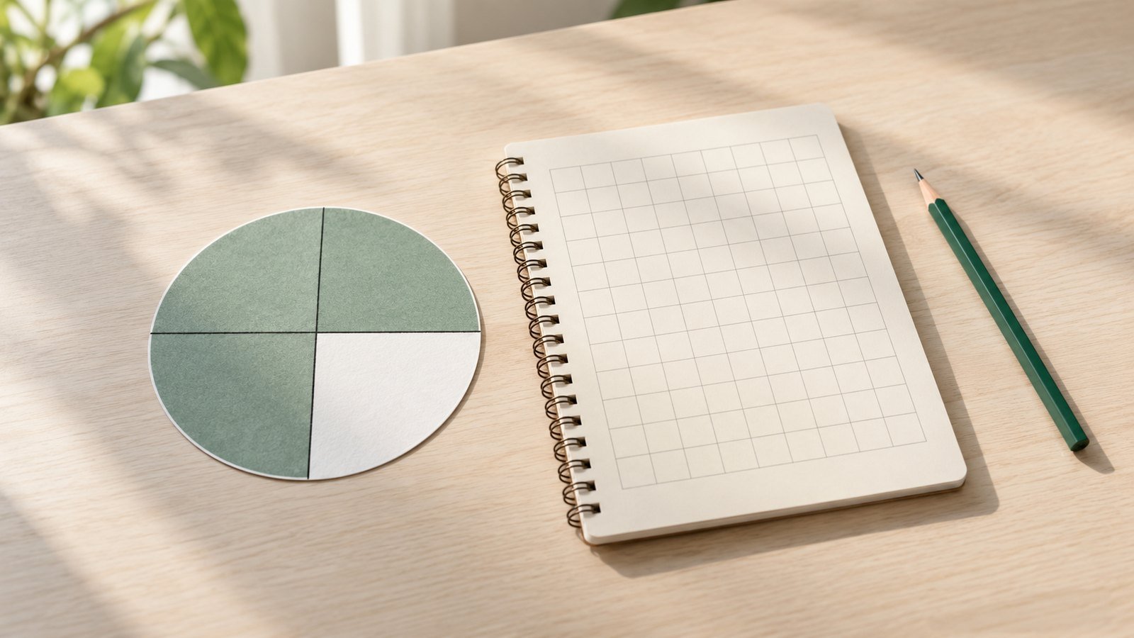 A circle with three of four equal parts shaded beside a notebook, illustrating three fourths.