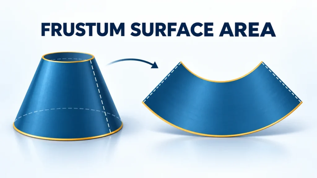 A blue conical frustum and its opened annular sector beneath the headline FRUSTUM SURFACE AREA.