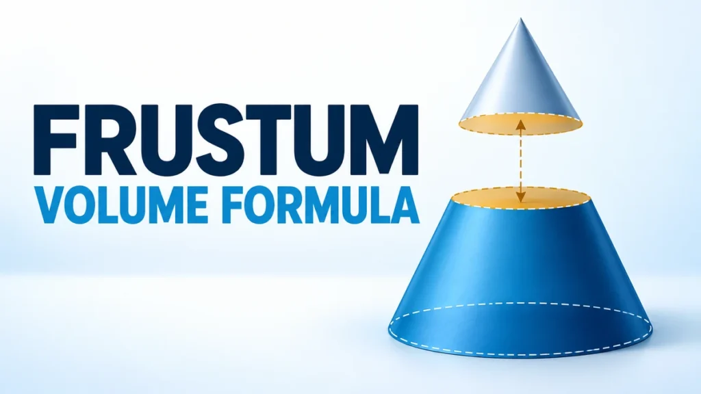 A cutaway conical frustum and its removed cone tip appear beside the headline FRUSTUM VOLUME FORMULA.