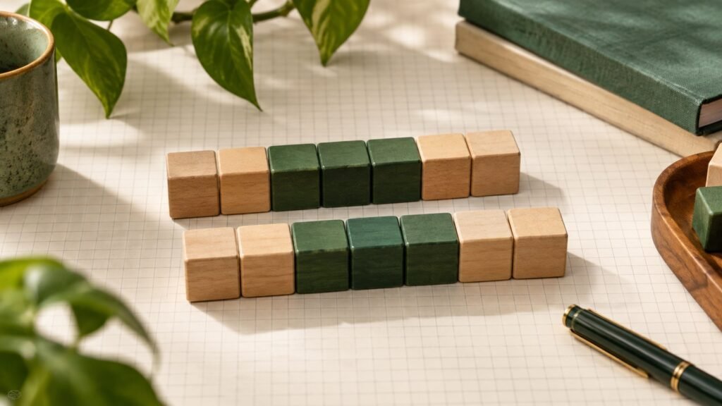 Two parallel rows of wooden blocks with matching green center blocks on cream graph paper