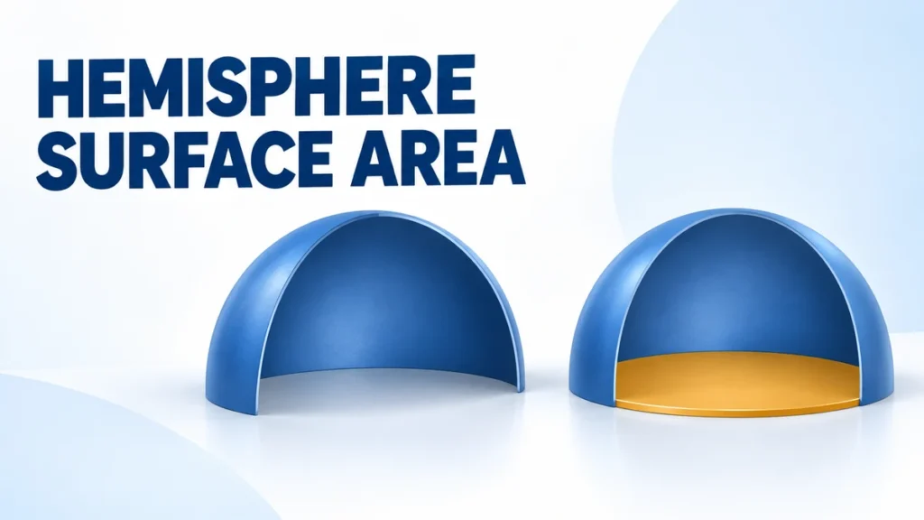 The headline HEMISPHERE SURFACE AREA appears beside a blue open hemisphere dome and its separate amber circular base.