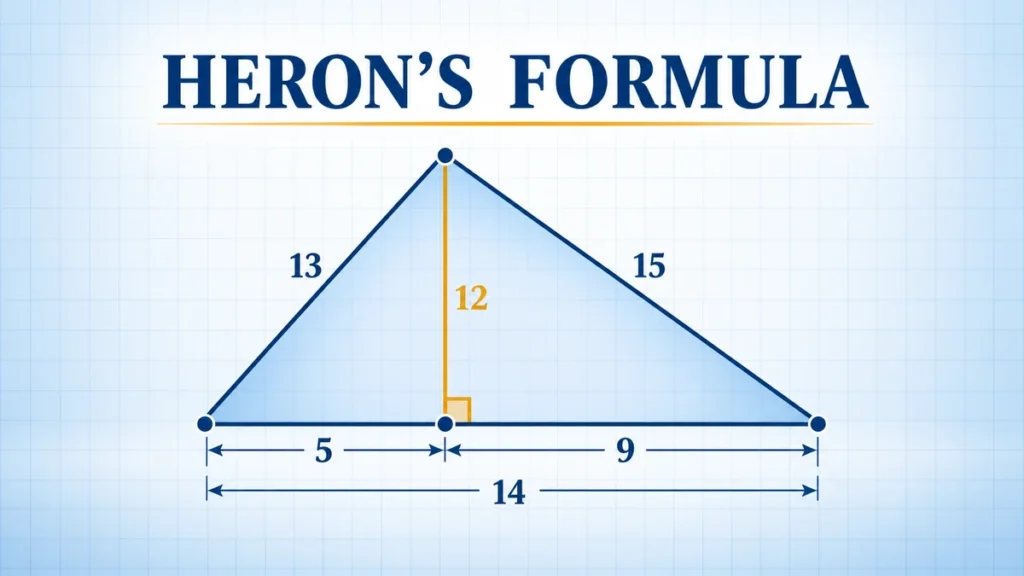 The headline HERON'S FORMULA appears beside a geometric 13-14-15 triangle with its altitude and area construction.