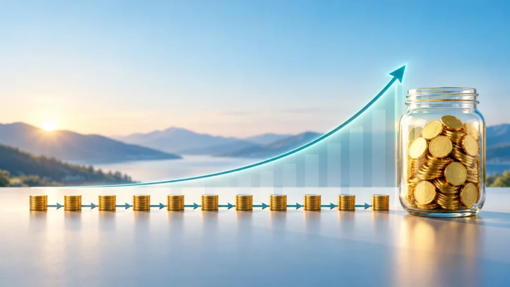 Monthly coin stacks following a savings timeline toward a filled goal jar with a growth curve