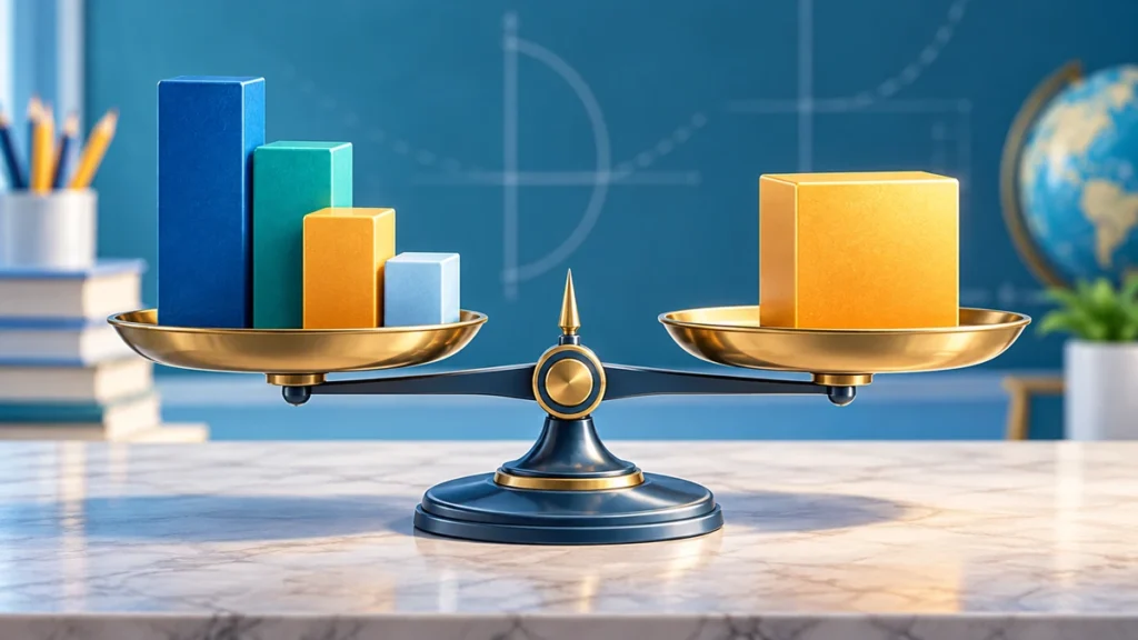 Different-sized academic category blocks balanced against one combined grade block on a scale