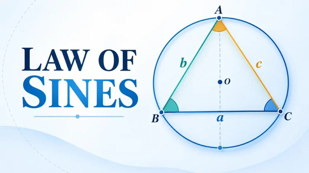 A blue geometry illustration headlined LAW OF SINES showing a triangle, its circumcircle, and matching opposite side-angle pairs.