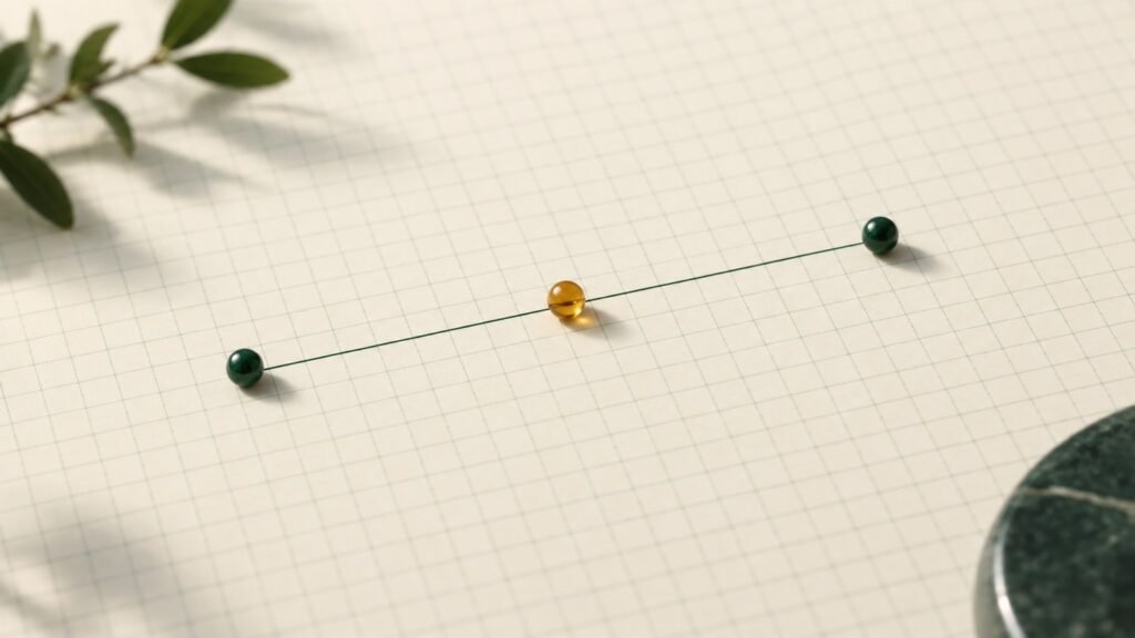 Two green endpoints connected by a line with an amber marker halfway between them on graph paper