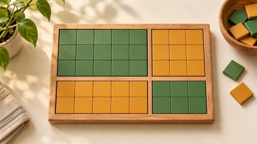 Partitioned wooden teaching board with green and amber tiles