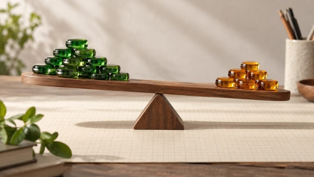 Green and amber counters on a wooden balance, illustrating unequal amounts