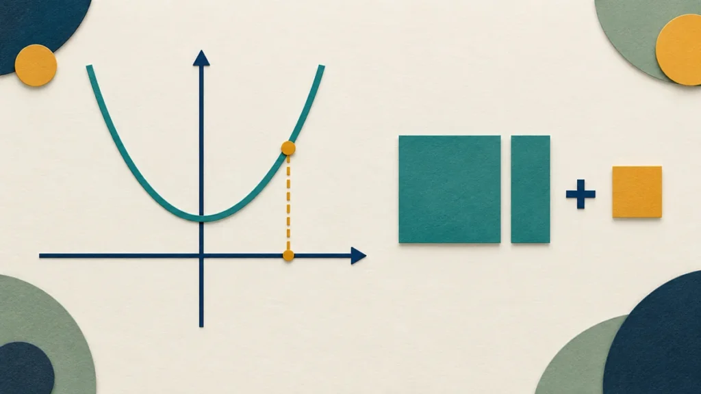 A parabola has a highlighted point and vertical guide beside teal algebra tiles and a separate amber remainder tile.