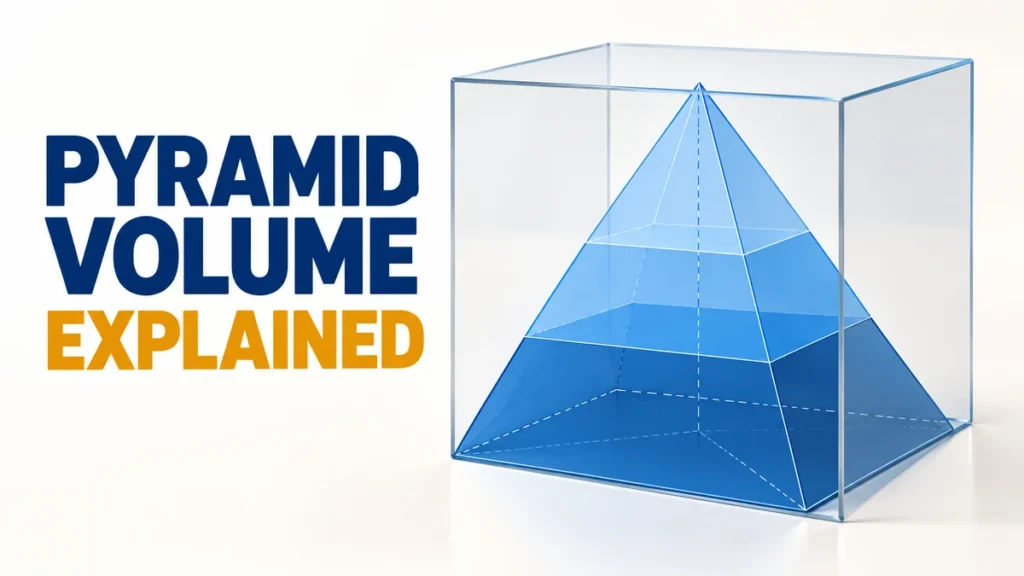 The headline PYRAMID VOLUME EXPLAINED appears beside a blue pyramid and matching prism that show the one-third volume relationship.
