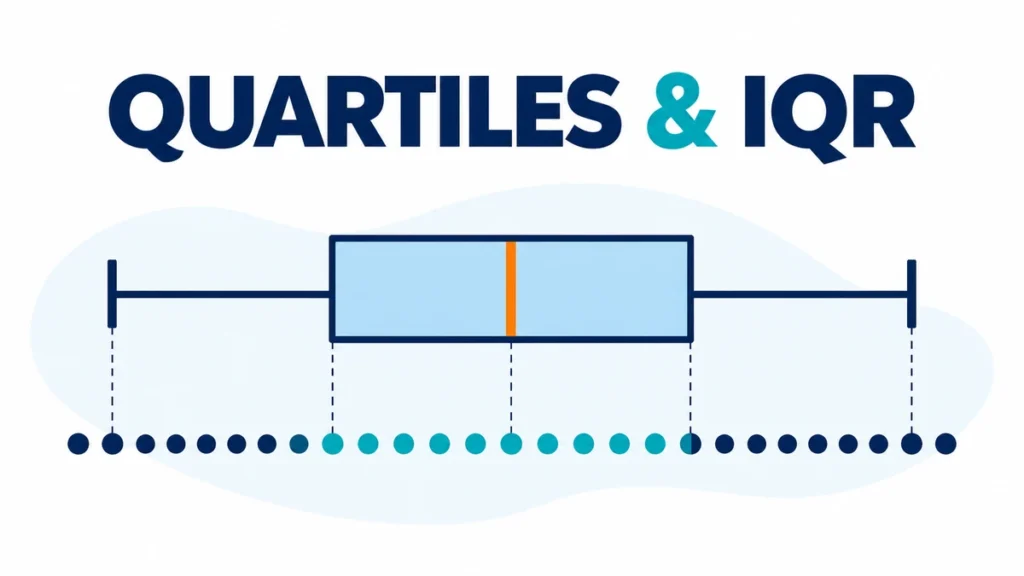A clean mathematical box plot highlights Q1, the median, Q3, and the interquartile range beside the headline QUARTILES & IQR.