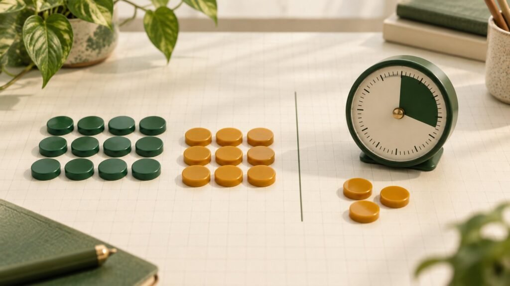 Groups of green and amber counters beside a small timer on a cream study surface