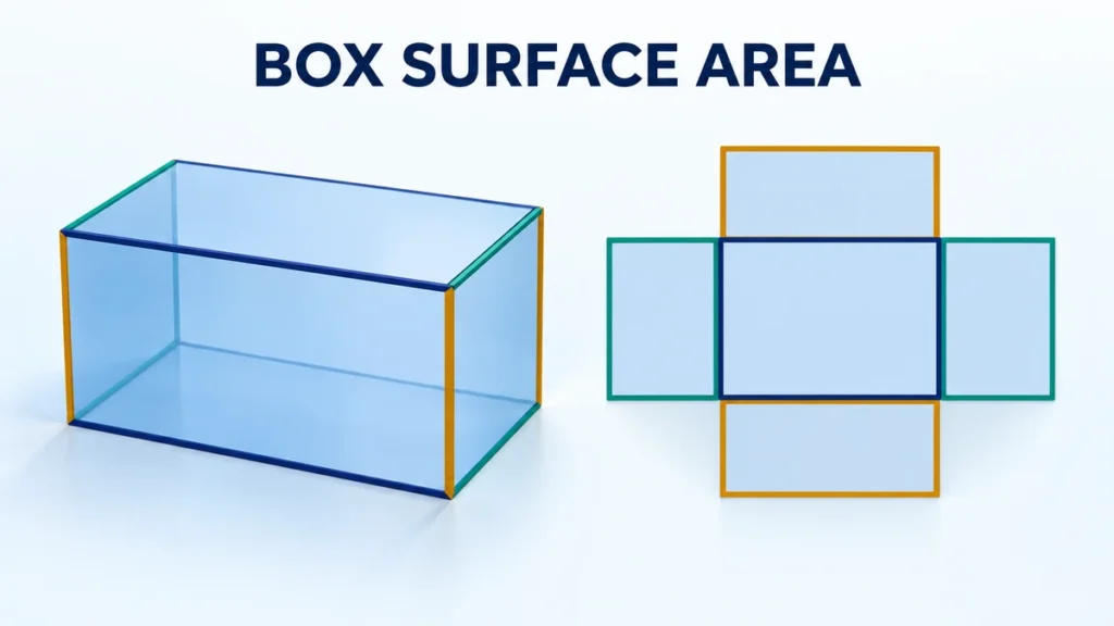 The headline BOX SURFACE AREA appears beside a blue rectangular prism and its unfolded six-face net.