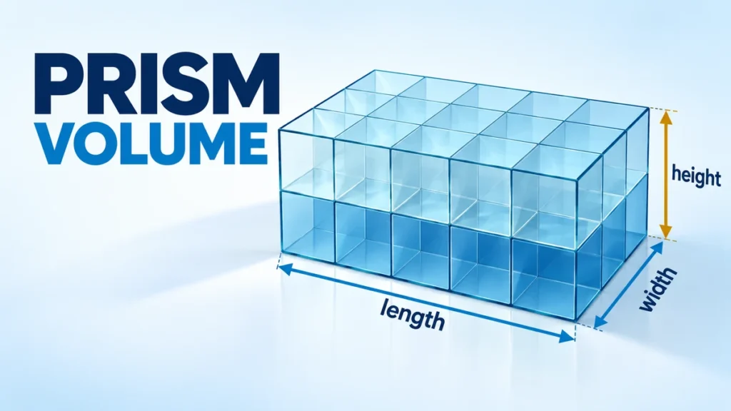 Rectangular prism built from unit cubes showing length, width, and height.