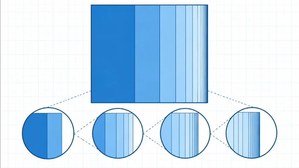 Blue decimal strips fill a white unit square in progressively smaller steps, with circular close-ups showing the remaining gap disappear.