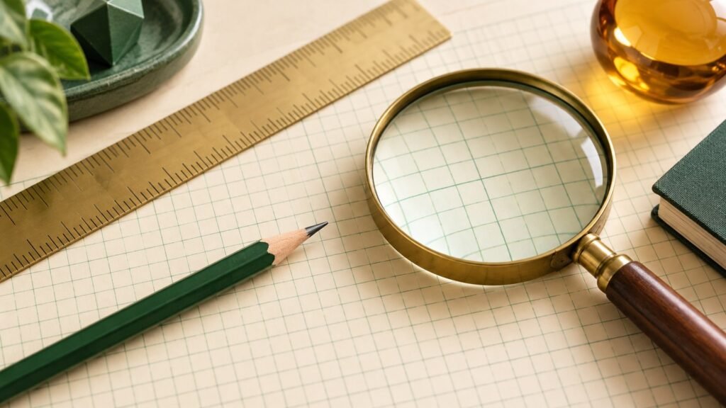 Precision ruler and magnifying glass on cream graph paper