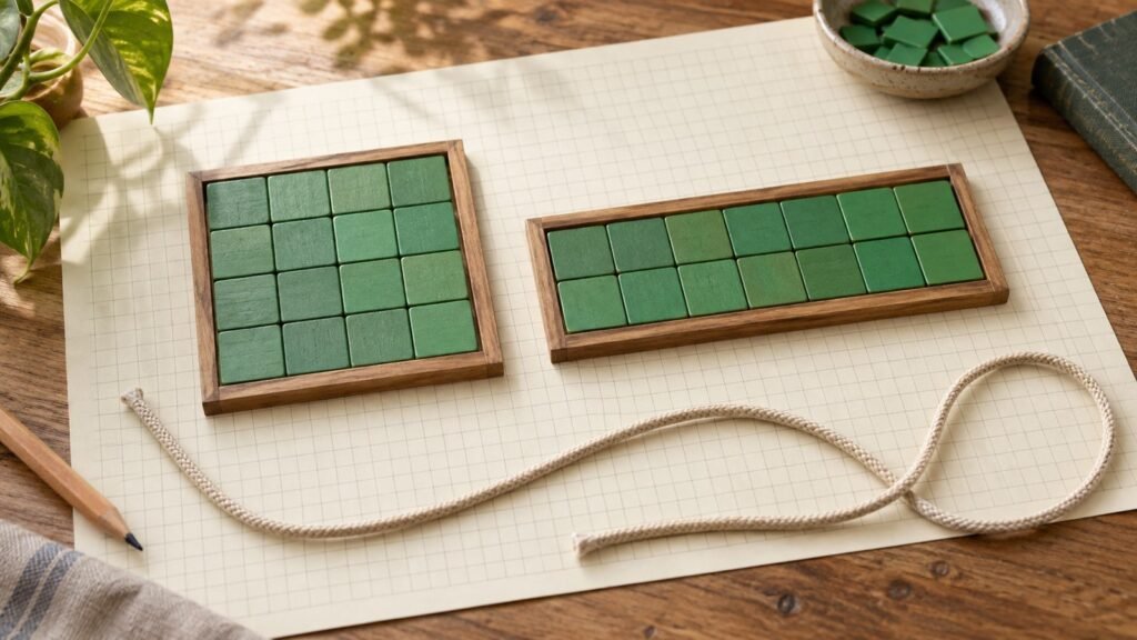 Wooden rectangular frames with different proportions and green tiles on graph paper