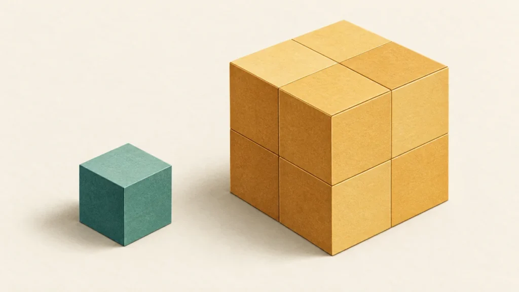 A small teal cube sits beside a larger amber cube divided into eight equal blocks, illustrating three-dimensional scaling.