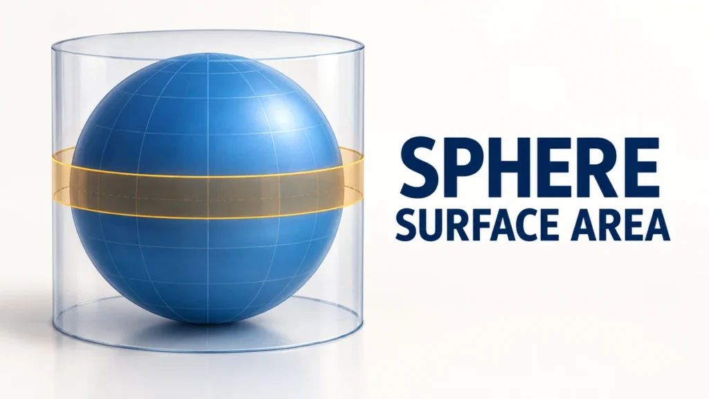 The headline SPHERE SURFACE AREA appears beside a blue sphere inside a tangent cylinder with matching highlighted surface bands.