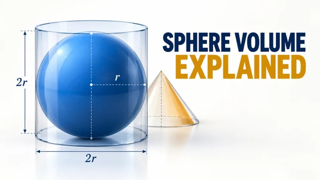 The headline SPHERE VOLUME EXPLAINED appears beside a blue sphere fitted inside a transparent cylinder with a cone comparison.