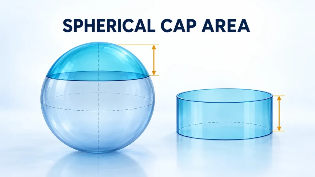 The headline SPHERICAL CAP AREA appears beside a blue sphere with a highlighted cap and a matching cylindrical band.