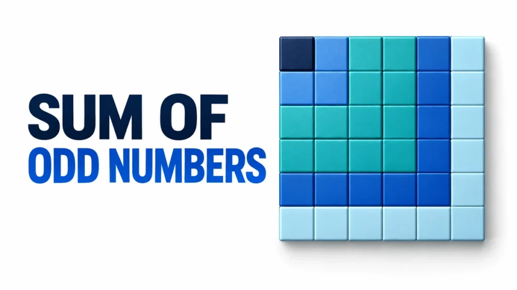 The headline SUM OF ODD NUMBERS appears beside a blue tiled square built from colorful odd-number layers.