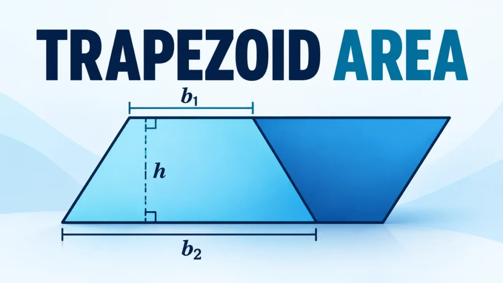 A clean geometry illustration shows a trapezoid with two parallel bases and a perpendicular height beside the headline TRAPEZOID AREA.