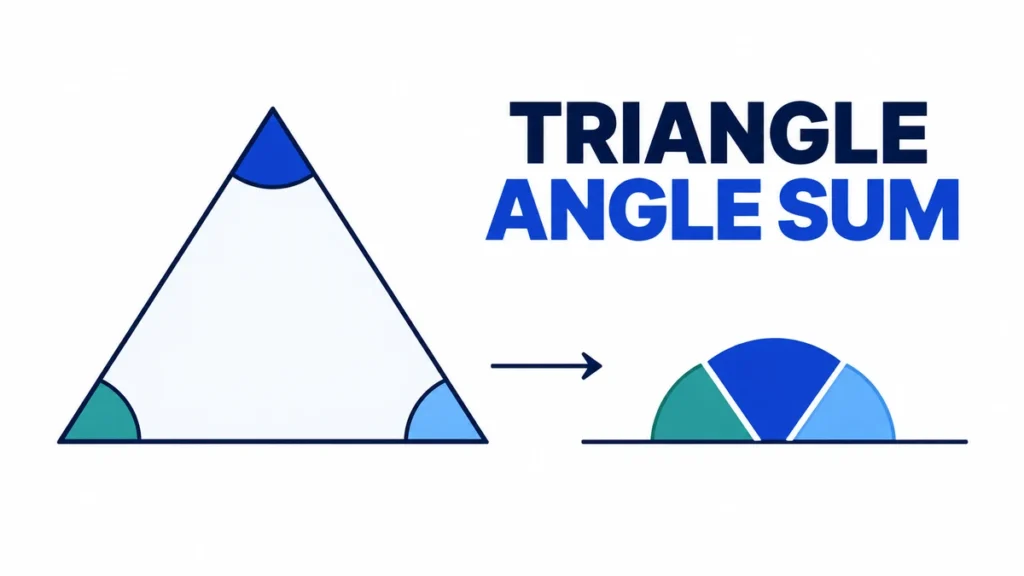 A clean blue triangle diagram sits beside the headline TRIANGLE ANGLE SUM on a light editorial background.