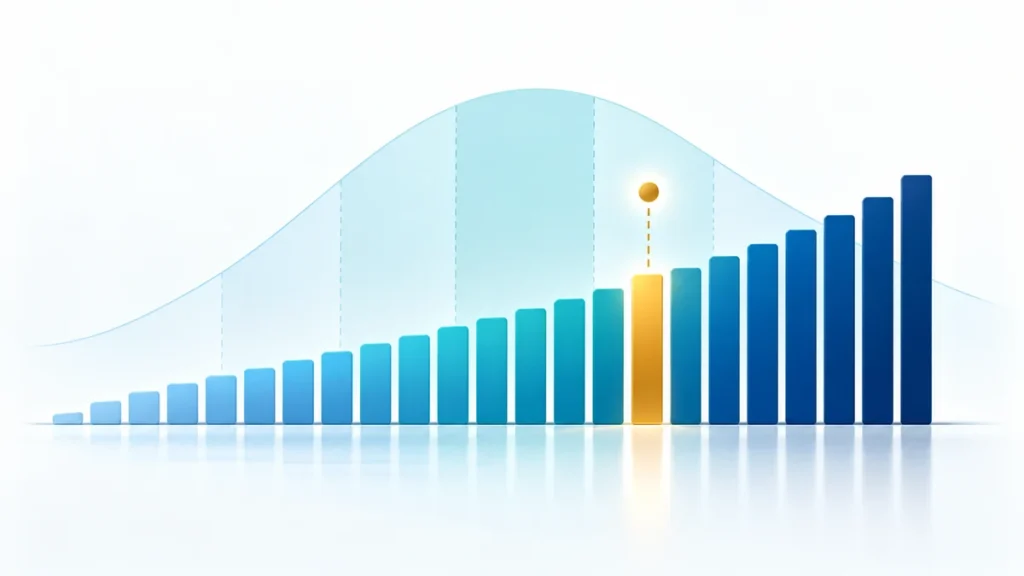 Ordered score bars beneath a distribution curve with one class position highlighted in gold